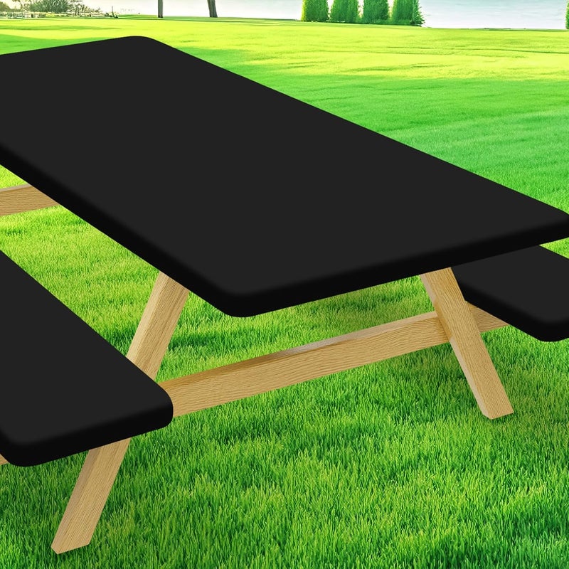 Moosfor Picnic Table Cover with Bench Covers, Elastic Fitted Spandex Tablecloths for 6 Foot Rectangle Tables, Stretch Washable Patio Tablecloth for Outdoor, Camping (Black, 30"x72") - Image 1